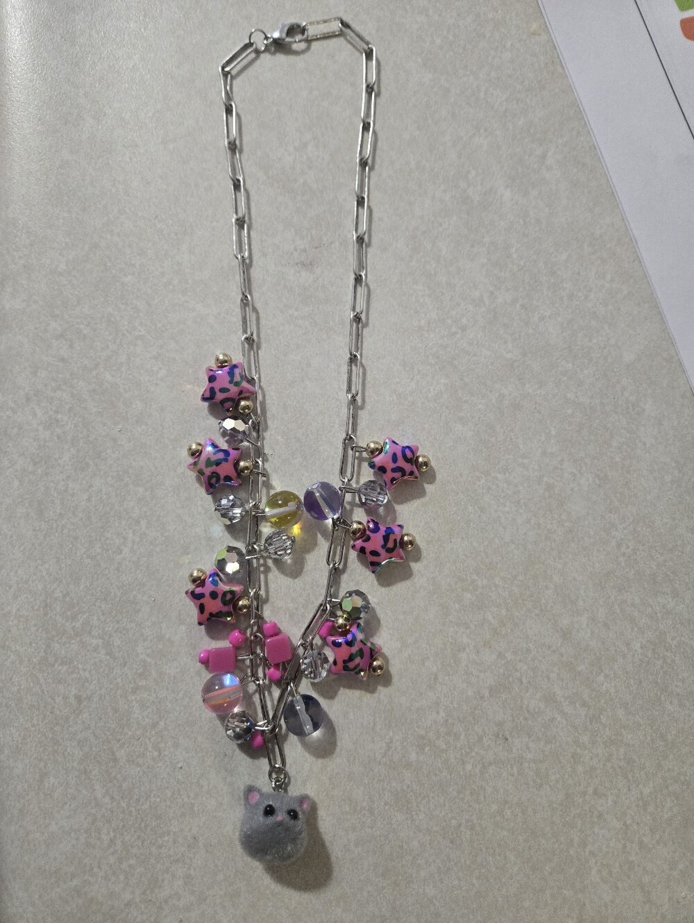 Pink Leopard Star & Bead Charm Necklace with Grey Cat Pendant